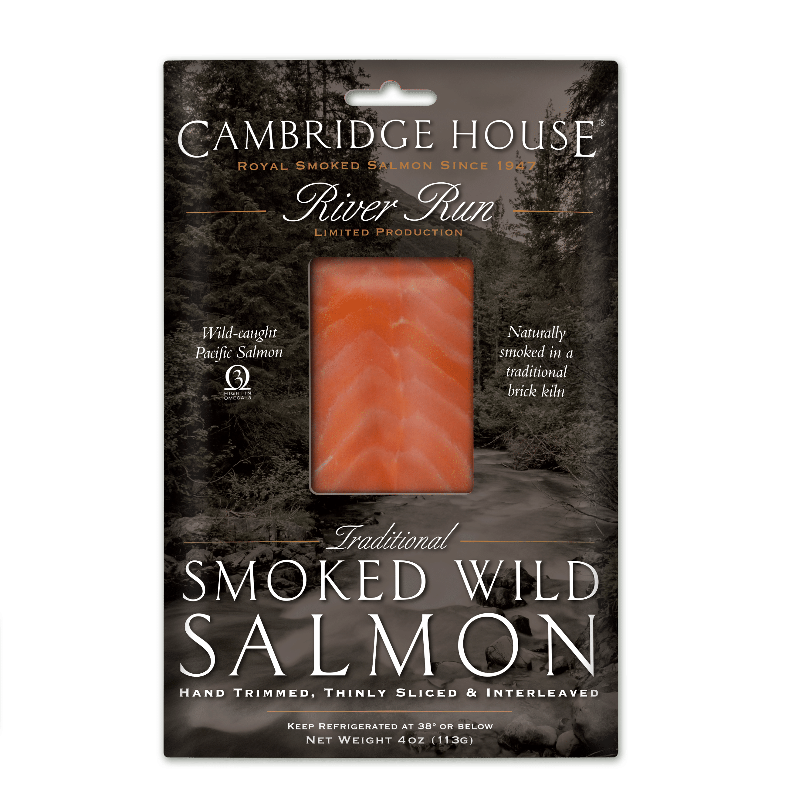 Packaged smoked wild salmon product from Cambridge House River Run, showing a slice of salmon through a transparent window. 4 ounce
