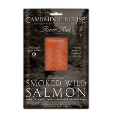 Packaged smoked wild salmon product from Cambridge House River Run, showing a slice of salmon through a transparent window. 4 ounce