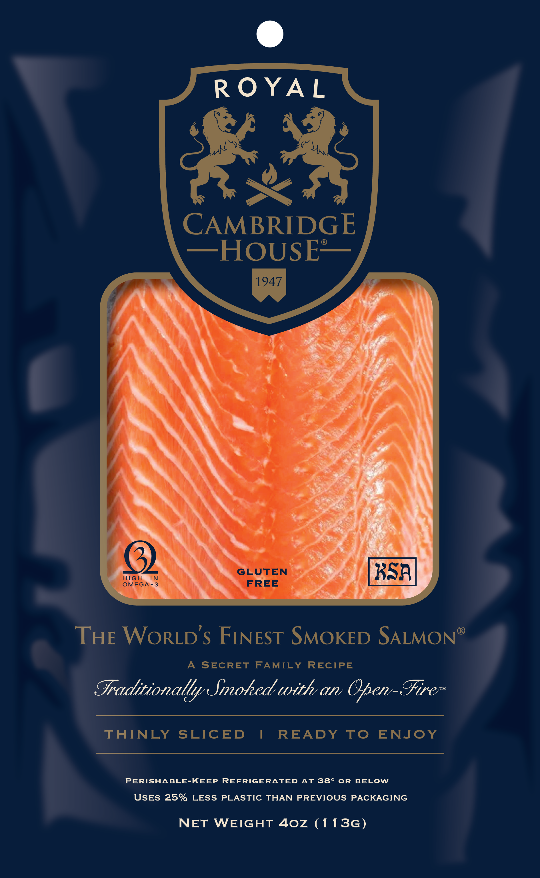 Packaged smoked salmon with Royal Cambridge House branding on a dark background 4 ounce