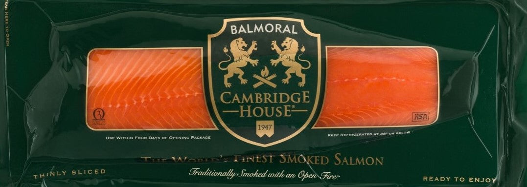 Packaged smoked salmon with Cambridge House branding on a green background