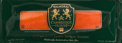 Packaged smoked salmon with Cambridge House branding on a green background
