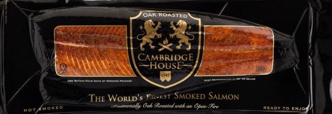 Packaged smoked salmon with 'Cambridge House' branding on a black background