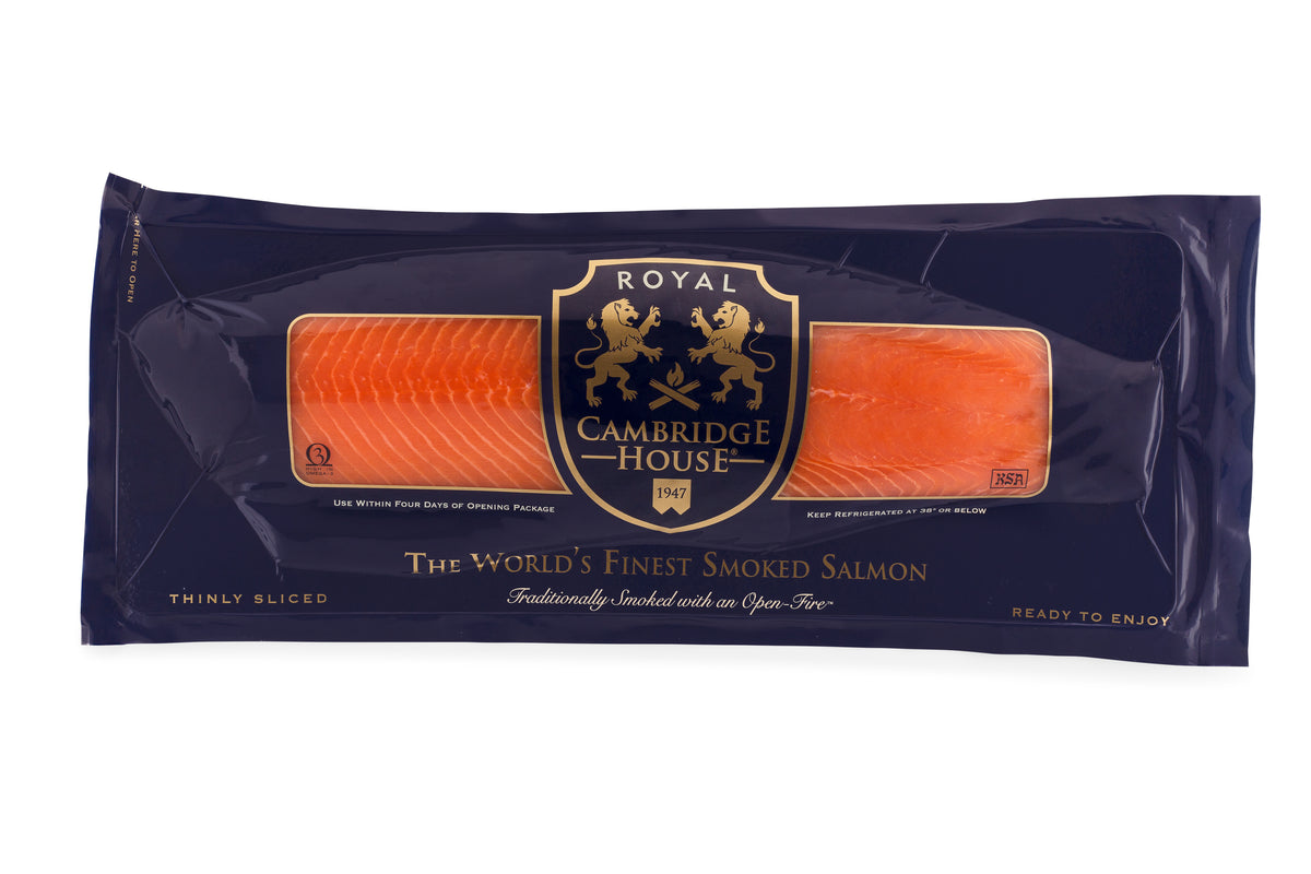 Packaged Royal Cambridge House smoked salmon on a white background