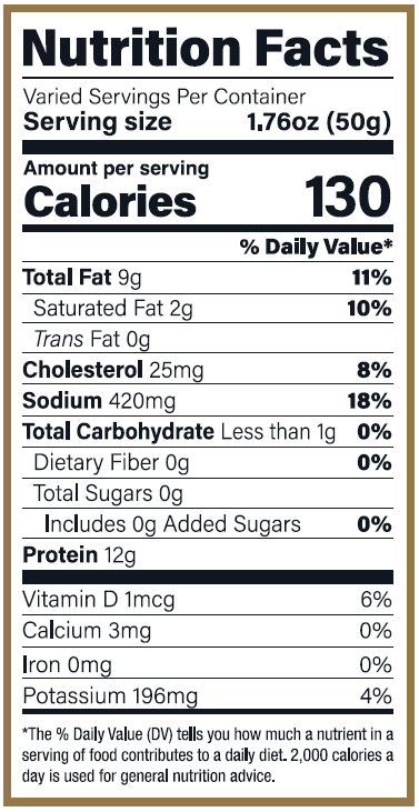 Nutrition Facts Panel for Cambridge House Mild Smoked Salmon (FS)