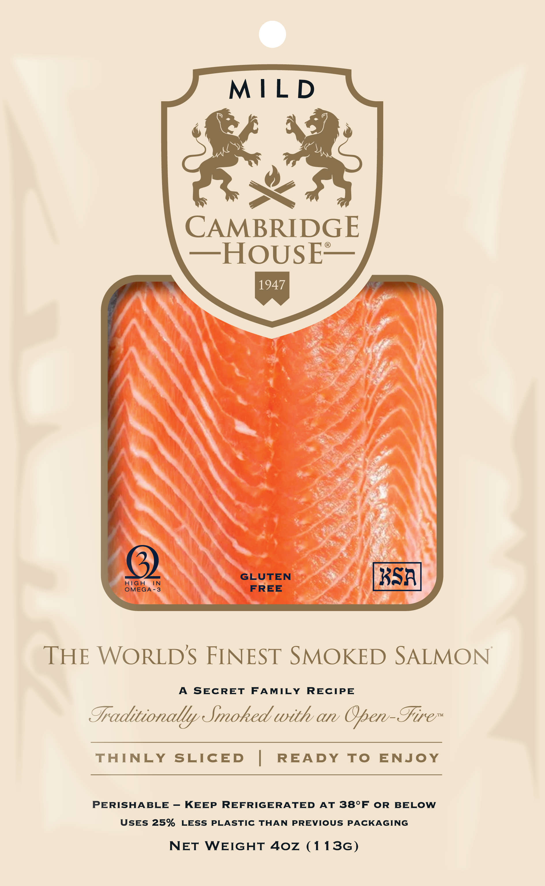 Packaged smoked salmon with Cambridge House branding on a beige  background 4 ounce