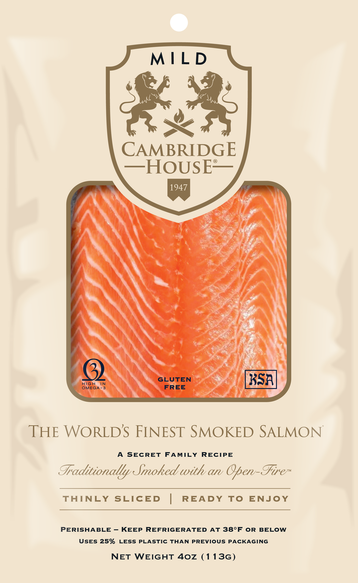 Packaged smoked salmon with Cambridge House branding on a beige  background 4 ounce