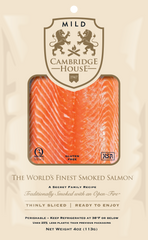 Packaged smoked salmon with Cambridge House branding on a beige  background 4 ounce