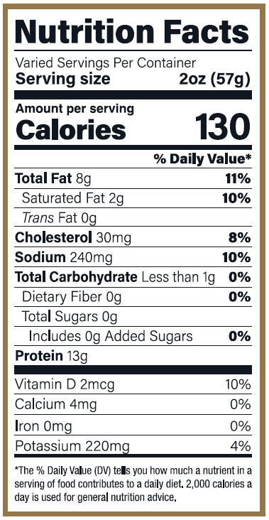 Nutrition Facts Panel for Cambridge House Oak Roasted Smoked Salmon (FS)