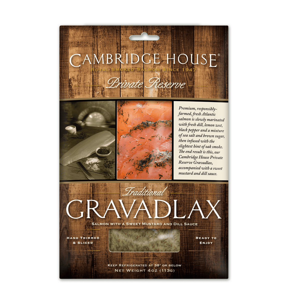 Packaging of Cambridge House Private Reserve Gravadlax featuring images of salmon, dill, lemon, and the product title. 4 ounce