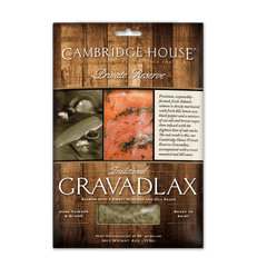 Packaging of Cambridge House Private Reserve Gravadlax featuring images of salmon, dill, lemon, and the product title. 4 ounce