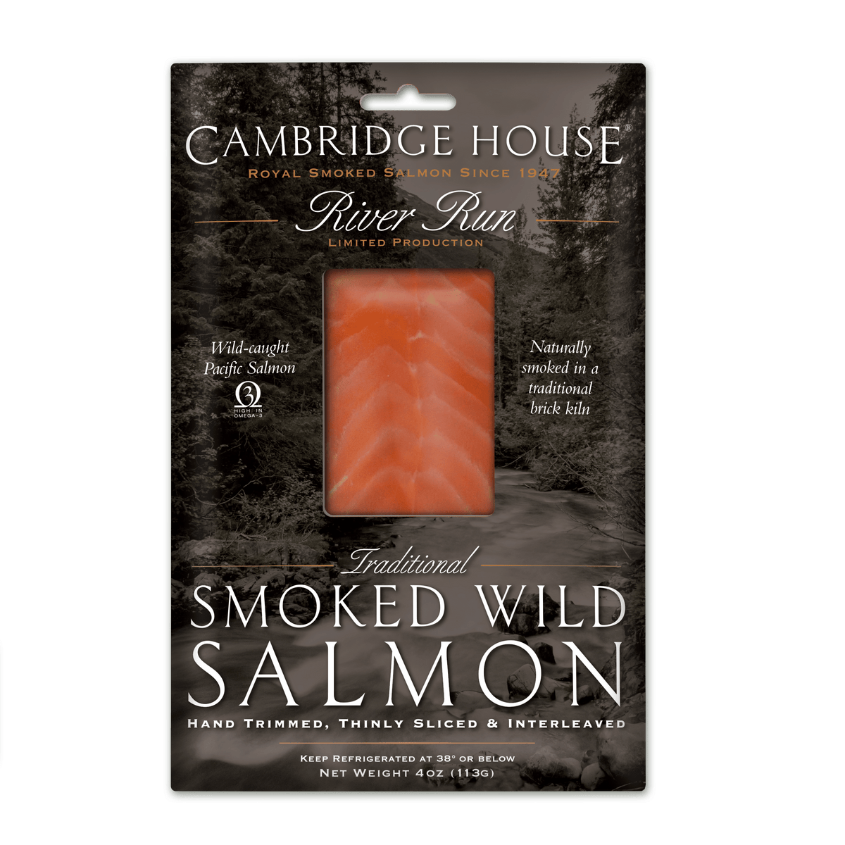 Packaged smoked wild salmon product from Cambridge House River Run, showing a slice of salmon through a transparent window. 4 ounce
